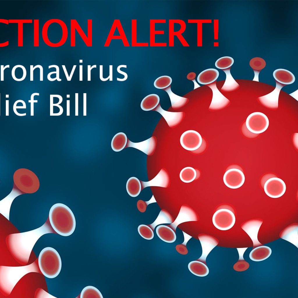 Action alert titlecard with red COVID-19 particles on a blue background