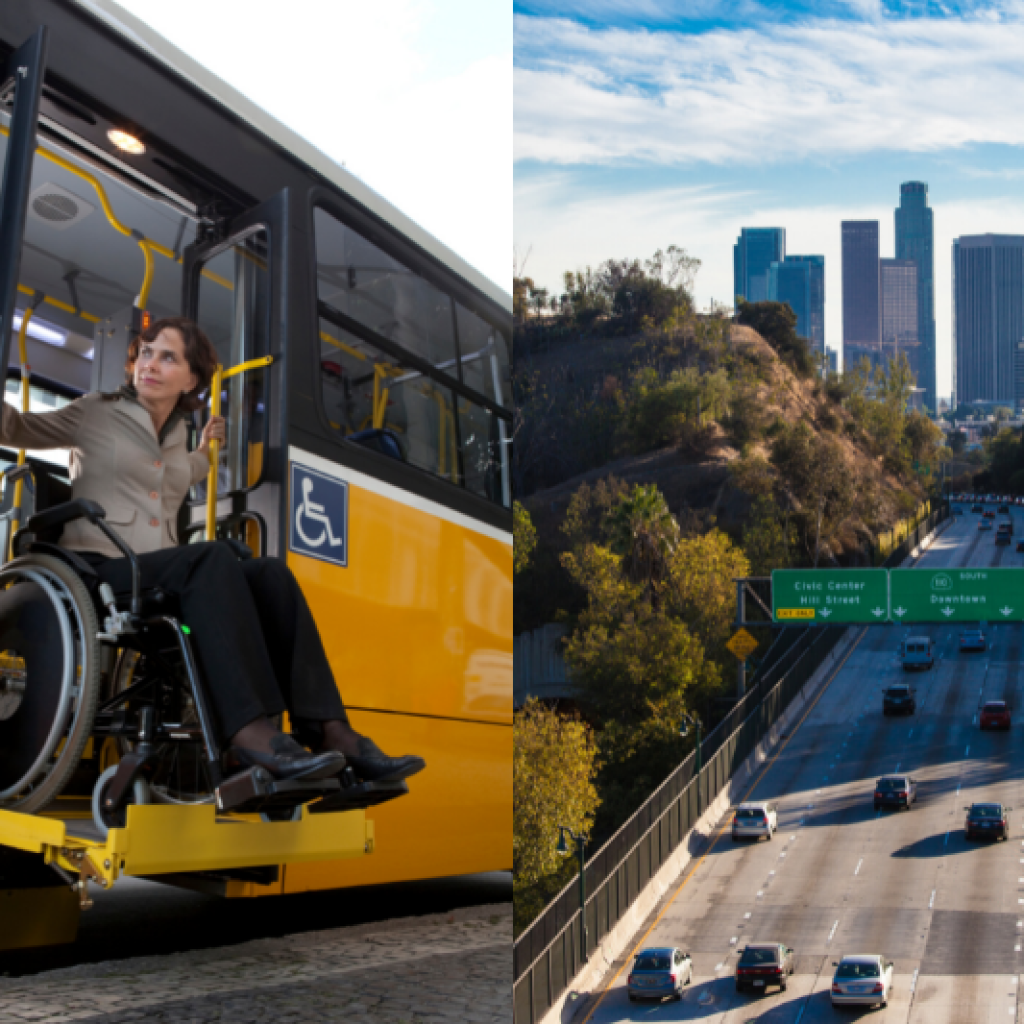 Left: woman in a wheelchair boarding a bus; Right: Freeway leading to the city of Los Angeles