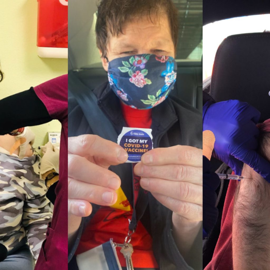 a collage of three people receiving the COVID-19 vaccine