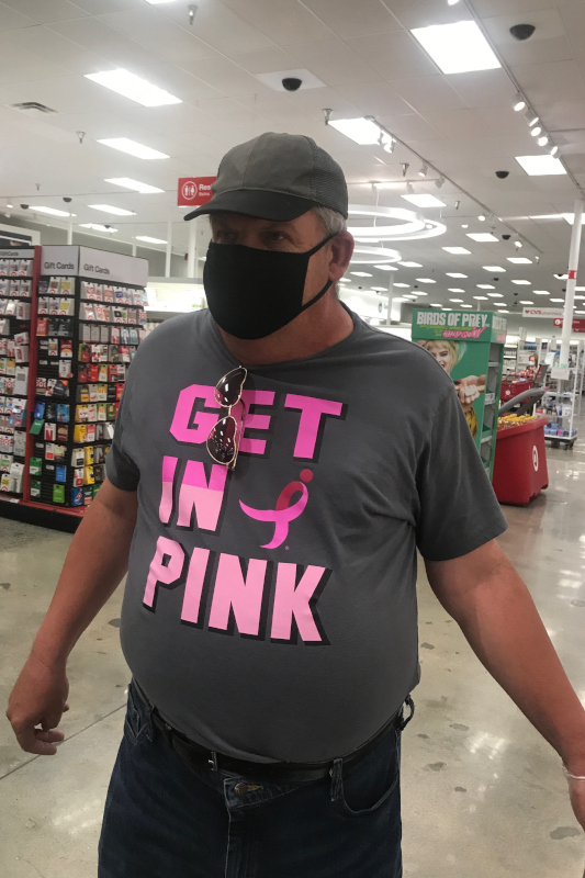 Martin in a black t-shirt with the words 'Get in Pink' for breast cancer awareness