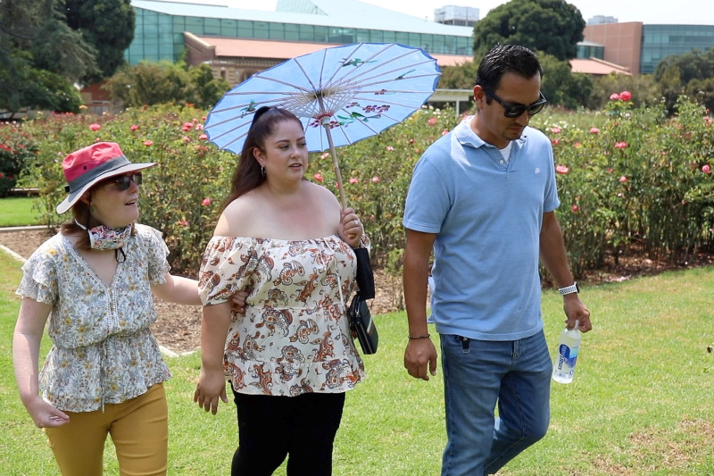 Una persona apoyada y dos miembros del personal de Jay Nolan caminan juntos por un jardín de rosas