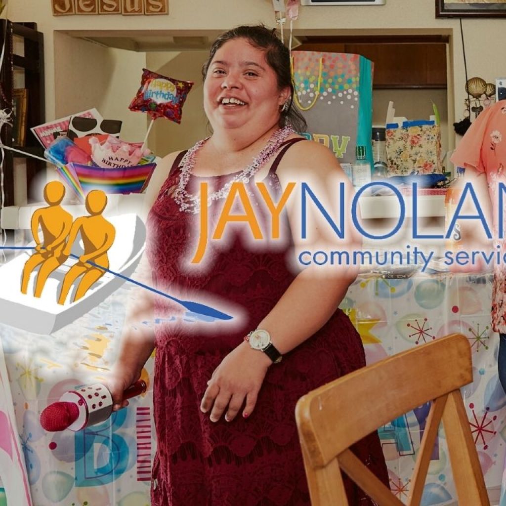 Woman in a red dress at a party with Jay Nolan logo overlaid