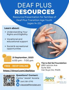 English-language flyer for online Deaf Plus Resources Presentations at Tierra Del Sol in September 2023.
