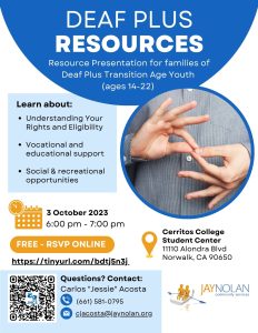 English-language flyer for online Deaf Plus Resources Presentations at Cerritos College in October 2023.