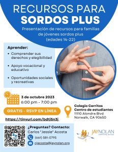 Spanish-language flyer for online Deaf Plus Resources Presentations at Cerritos College in October 2023.