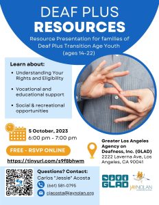 English-language flyer for online Deaf Plus Resources Presentations at GLAD in October 2023.