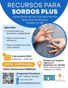 Spanish-language flyer for online Deaf Plus Resources Presentations at GLAD in October 2023.