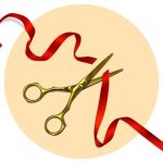 Golden scissors cutting a red ribbon on a circular orange background