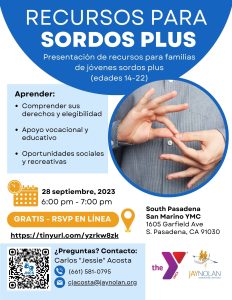 Spanish-language flyer for online Deaf Plus Resources Presentations at the San Marino YMCA in September 2023.