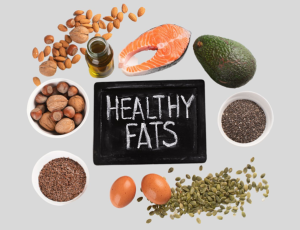 Examples of healthy fats including salmon, avocado, nuts and seeds.