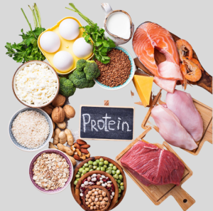 Examples of healthy protein including fish, chicken, legumes, cottage cheese, eggs, and more.