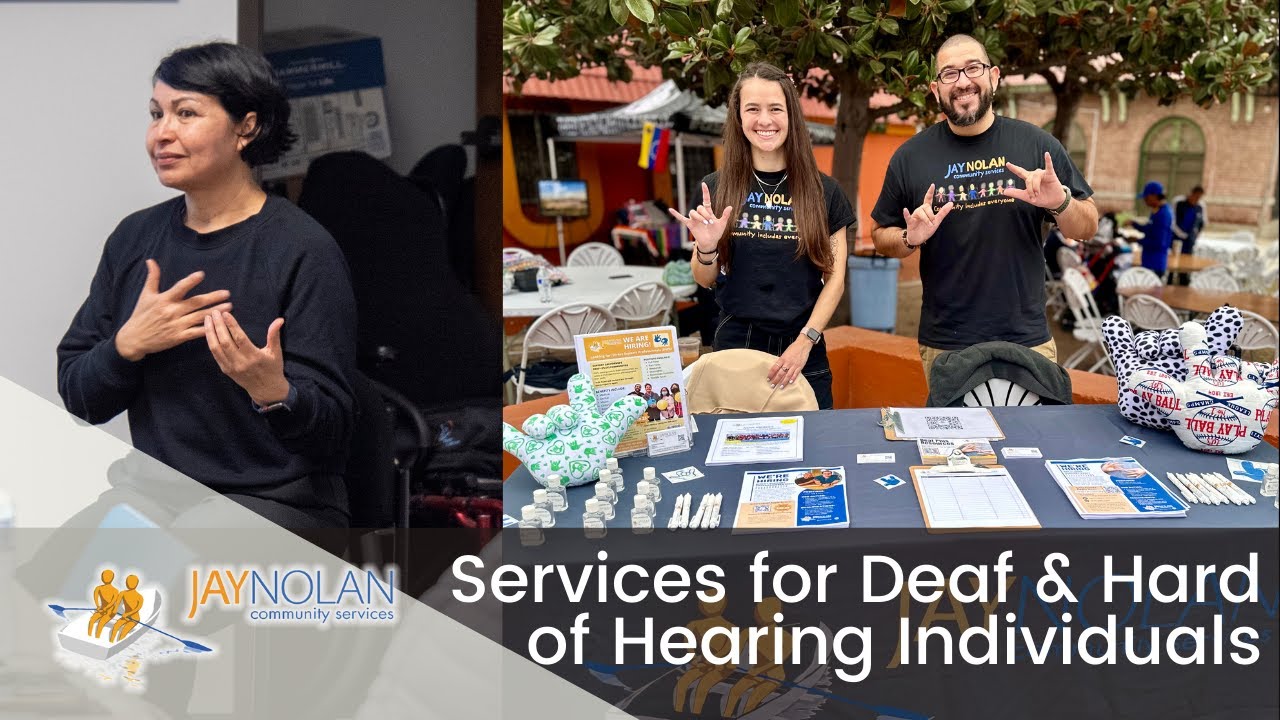 Thumbnail for video featuring a sign language interpreter and two people standing behind a table advertising Deaf Services at a resource fair. Text reads: "Services for Deaf and Hard of Hearing Individuals"