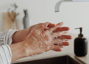 Hands being washed with soap at a sink. 