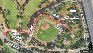 A map of Griffith Park Crystal Springs Picnic Area labeled with directions to the parking lot, restrooms, and activity stations.