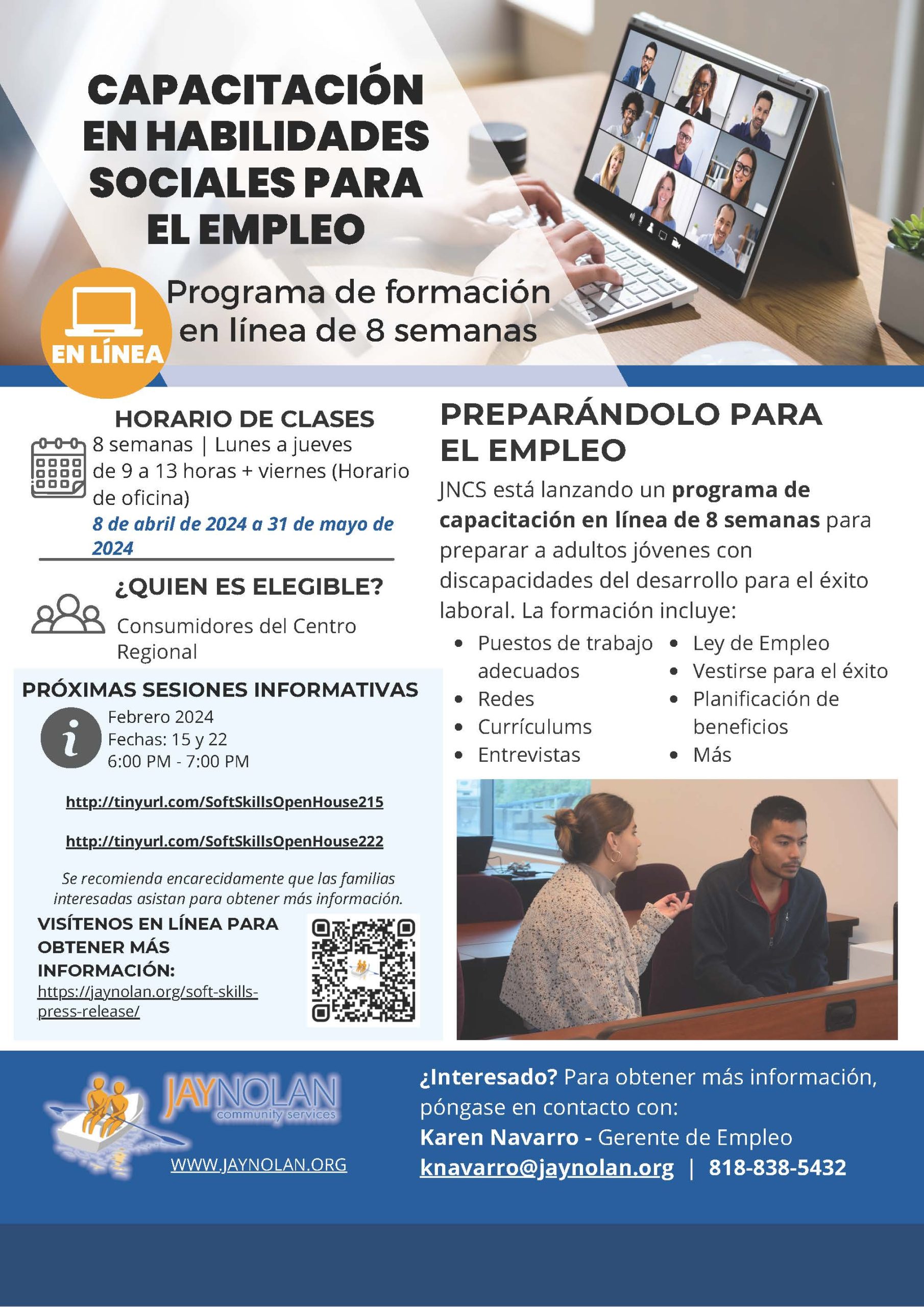 Spanish language flyer for the JNCS soft skills training program cohort 2
