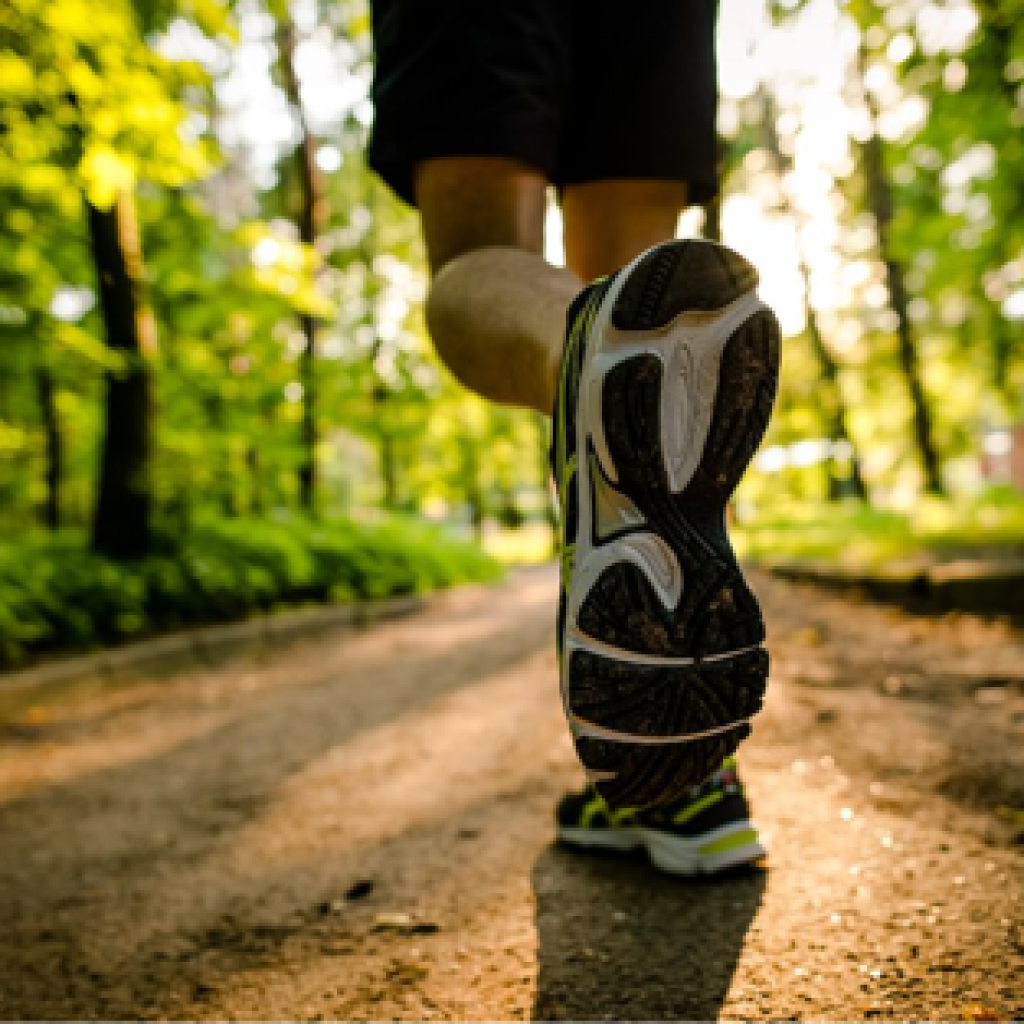 Close-up shot of the sneakers of a runner running on a trail in a sunny forest.