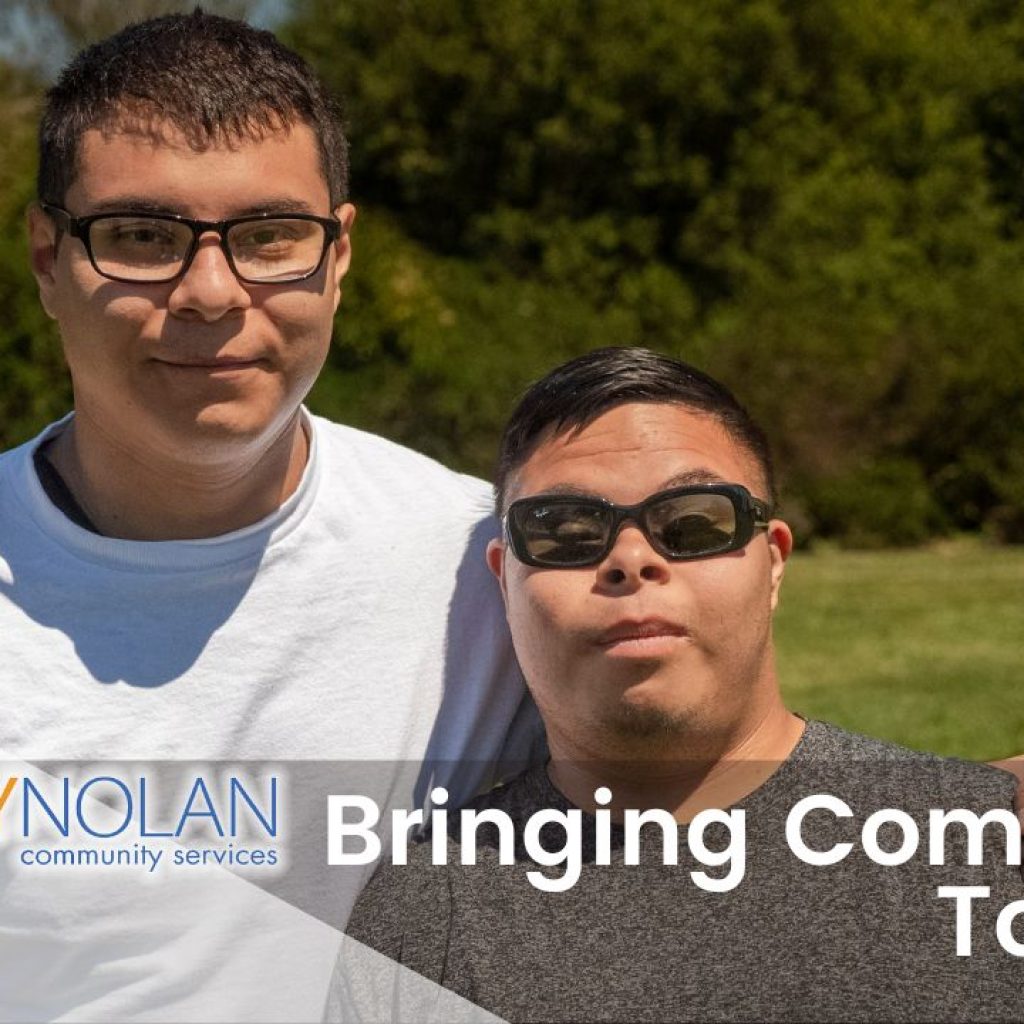 Two young men standing outside, smiling at the camera, with the text "Bringing Community Together" and Jay Nolan Community Services logo.