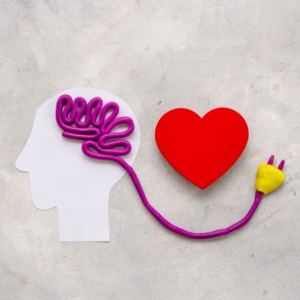 conceptual image showing a white silhouette of a human head connected to a red heart by a purple tube, with the brain represented by purple coils. The background is a textured gray surface.