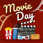 Graphic displaying movie-related icons including popcorn, a movie clicker, and film reel. Text reads: "Movie Day"