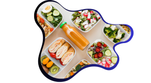 Meal prep containers fille with colorful vegetables, lean proteins, fruit, and a smoothie, demonstrating healthy snacking and balanced meal planning for sustained energy.