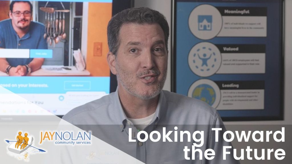Video thumbnail featuring JNCS CEO Edward Amey wearing a grey button down in front of a poster of Jay Nolan's Key Results. Text reads: "Looking Toward the Future"