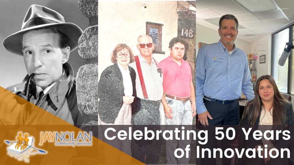 Video Thumbnail with three images featured including a portrait of actor Lloyd Nolan, a family of three people standing in front of their home, and the CEO and one of the Directors of Jay Nolan posing together in an office. Text reads: "Celebrating 50 Years of Innovation"