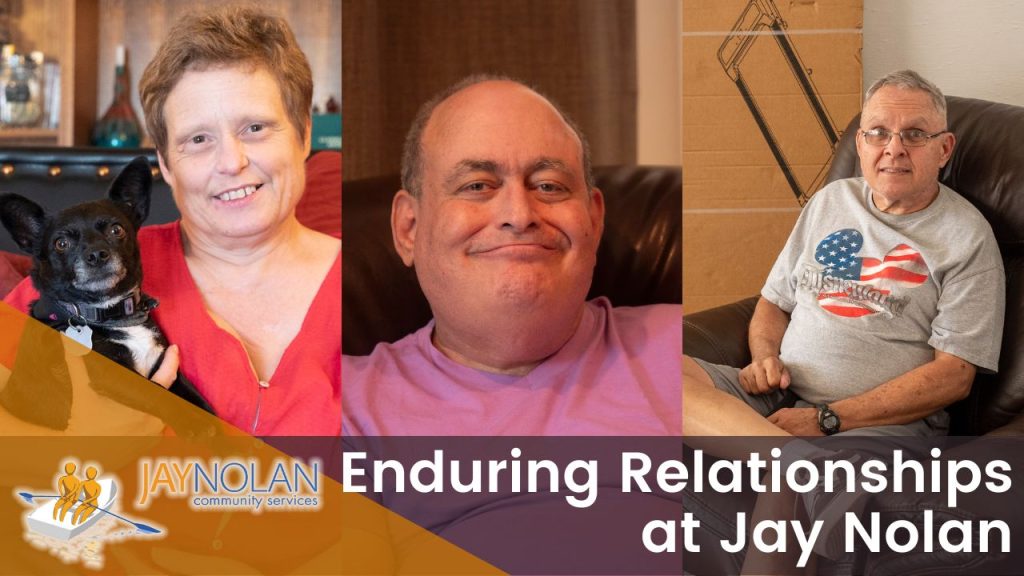 Video thumbnail featuring three adults: One Caucasian woman and two Caucasian men smiling. Text reads: "Enduring Relationships at Jay Nolan"