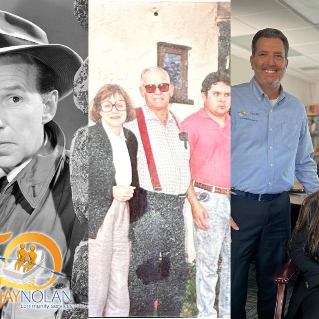 A compound image of 3 scenes including a black and white photo of actor Lloyd Nolan, a vintage photo of a family in front of their home, and the CEO and a director of JNCS at the office.