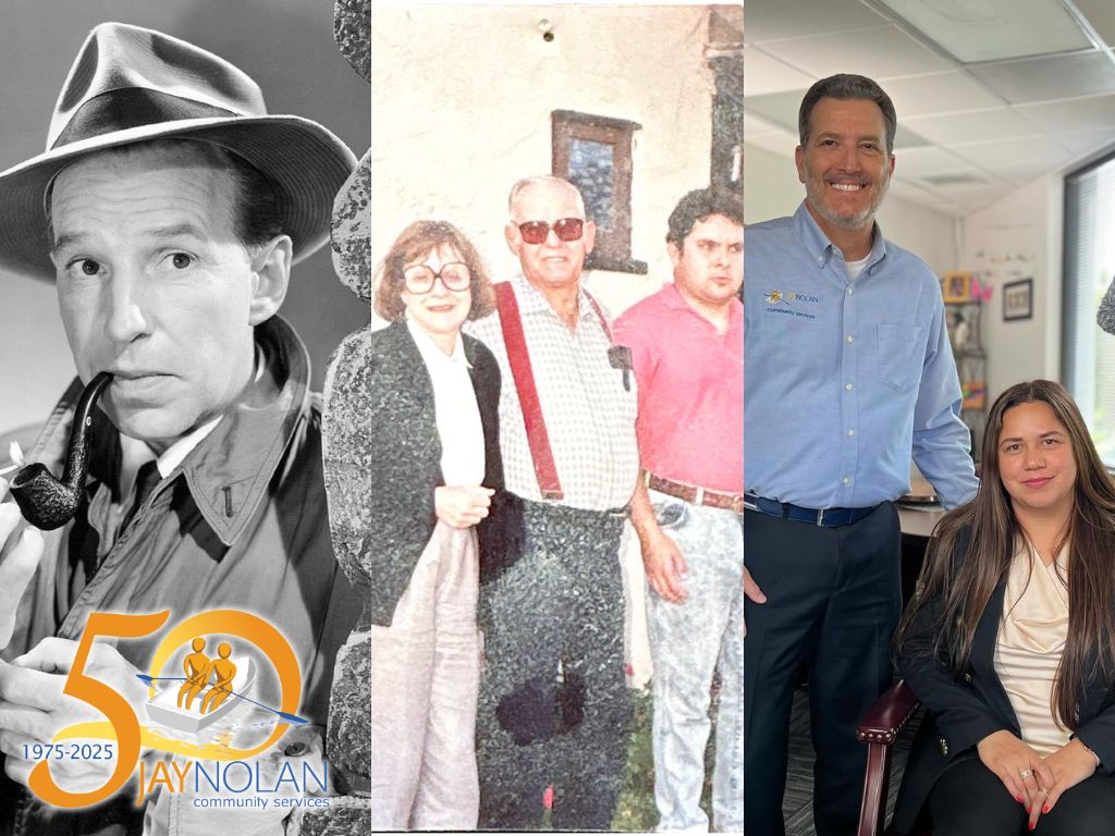 A compound image of 3 scenes including a black and white photo of actor Lloyd Nolan, a vintage photo of a family in front of their home, and the CEO and a director of JNCS at the office.