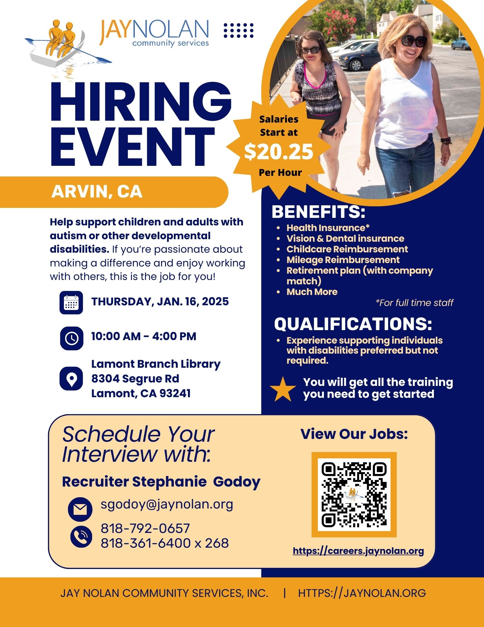 Flyer for a JNCS hiring event in Arvin, CA on Jan. 16, 2024. 