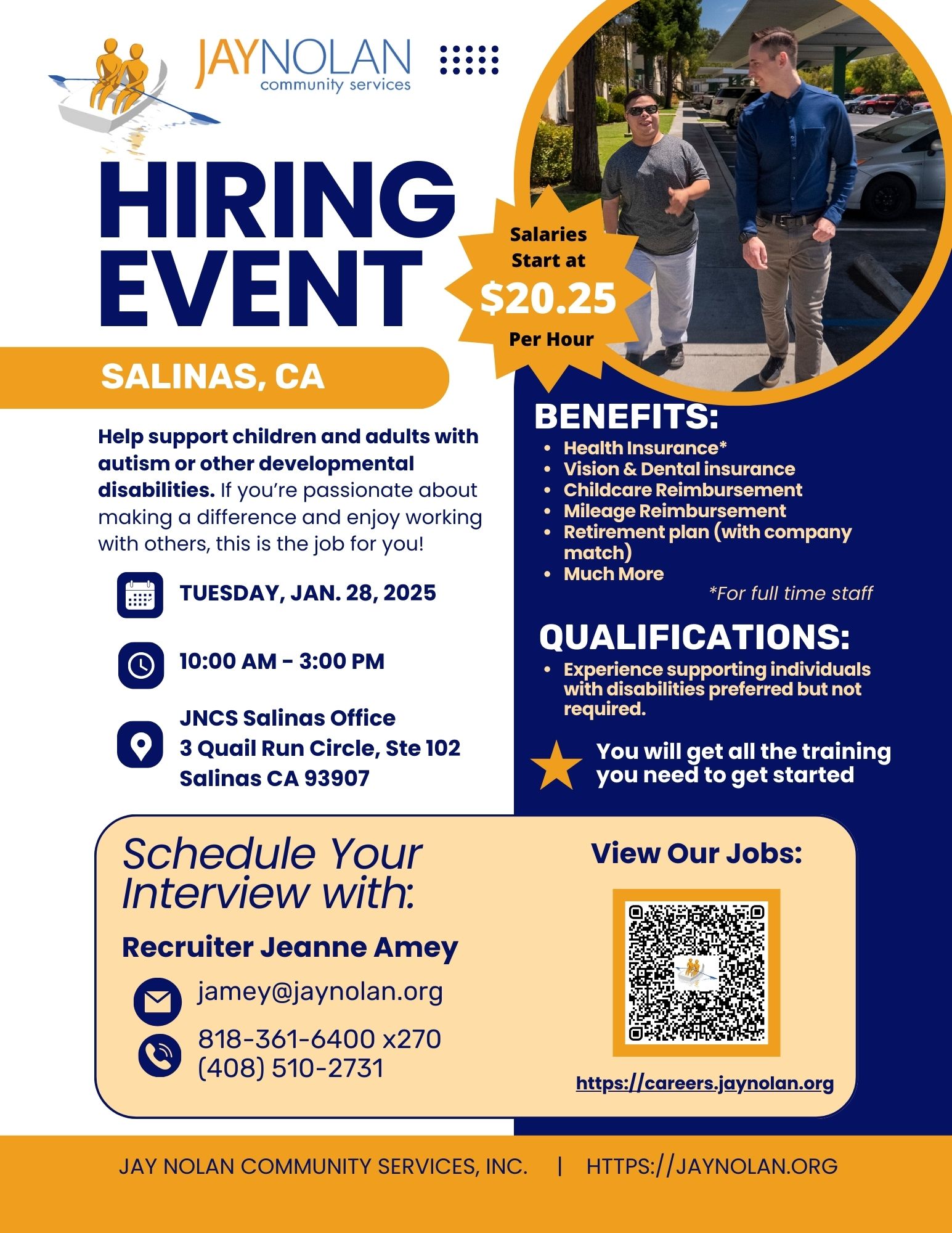 Flyer for the January 28, 2025 Hiring event in Salinas for Jay Nolan Community Services