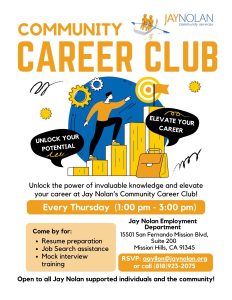 Flyer for Jay Nolan Community Services' Community Career Club in English