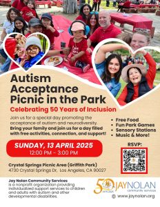 English language Flyer for the 2025 Autism Acceptance Month Picnic in the Park, hosted by Jay Nolan Community Services