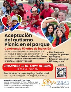 Spanish language Flyer for the 2025 Autism Acceptance Month Picnic in the Park, hosted by Jay Nolan Community Services