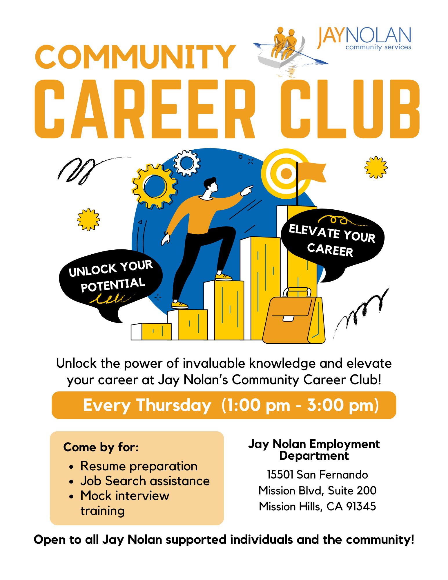 Flyer for Jay Nolan Community Services' Community Career Club in English