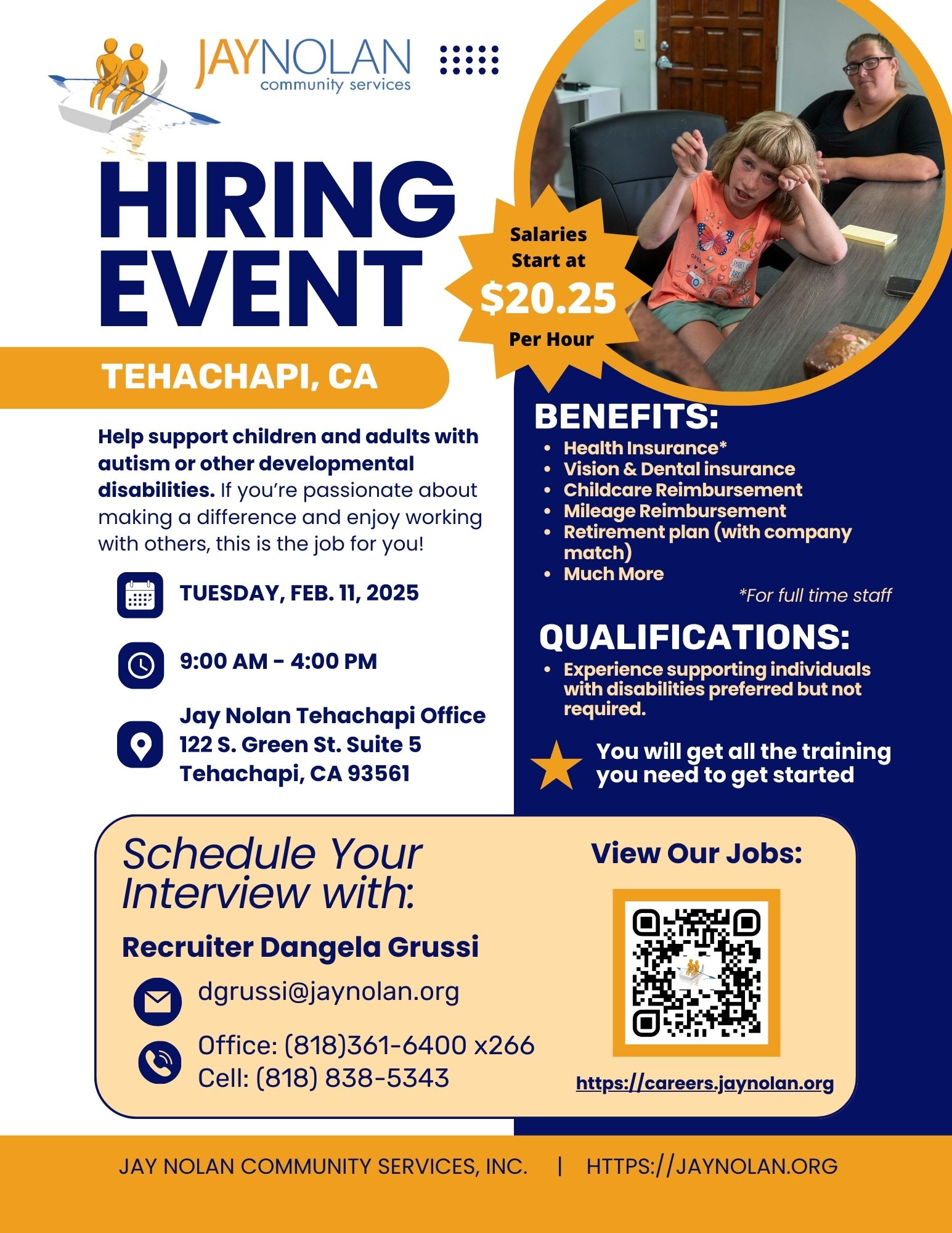 Flyer for the February 2025 Hiring Event in Tehachapi, CA hosted by Jay Nolan Community Services