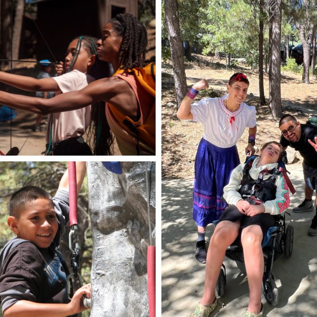 Three images of kids doing activities at camp like archery and rock climbing.