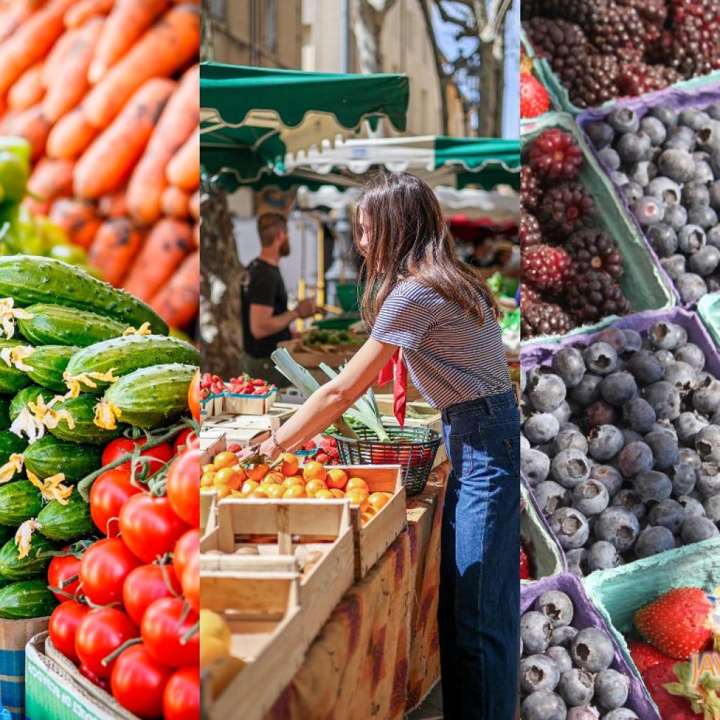 Triple image of various views of a farmer's market including vegetables arranged nicely, a hand reaching for tomatoes, and berries in baskets.