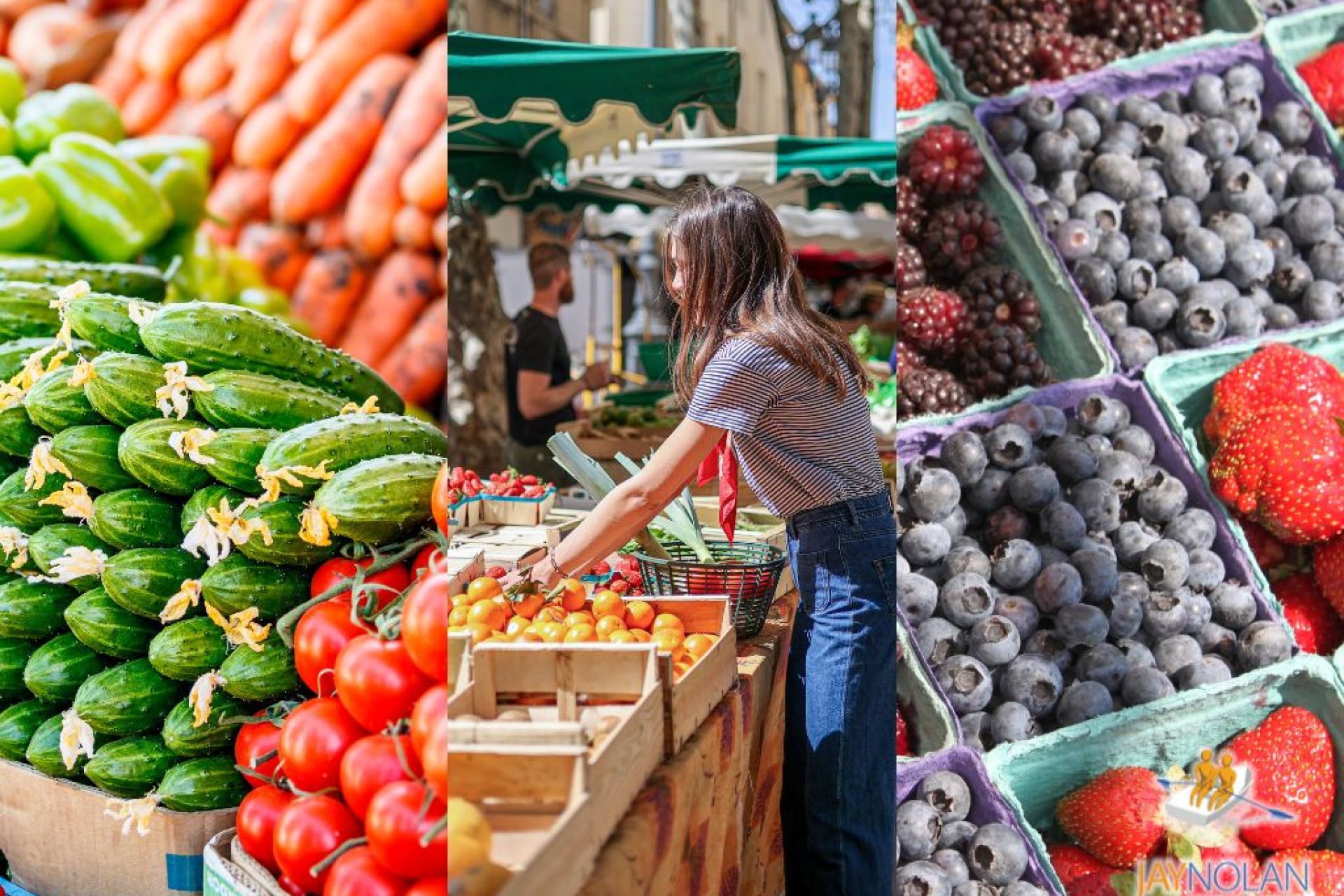 Triple image of various views of a farmer's market including vegetables arranged nicely, a hand reaching for tomatoes, and berries in baskets.