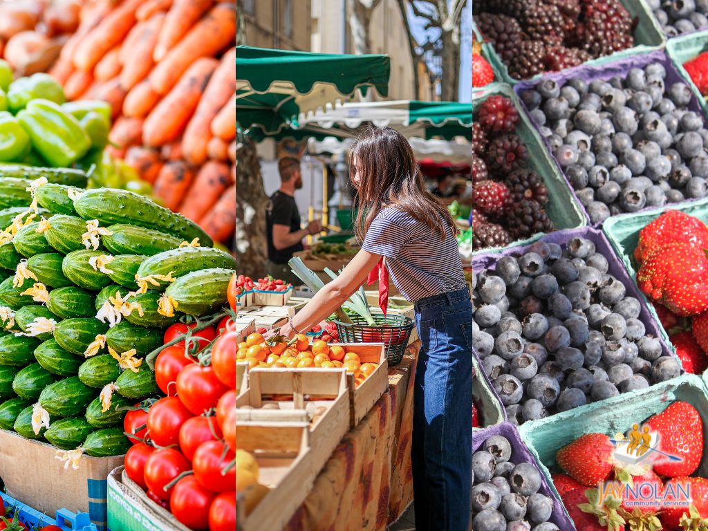 Triple image of various views of a farmer's market including vegetables arranged nicely, a hand reaching for tomatoes, and berries in baskets.
