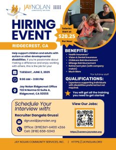 Flyer for June 3rd, 2025 Hiring Event in Ridgecrest, CA hosted by Jay Nolan Community Services.