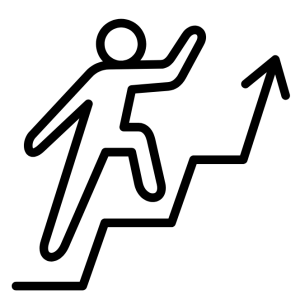 graphic of person walking up steps with arrow pointing up.