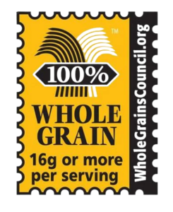 Yellow stamp with text reading: "100% Whole Grain - 16g or more per serving"; "wholegrainscouncil.org"