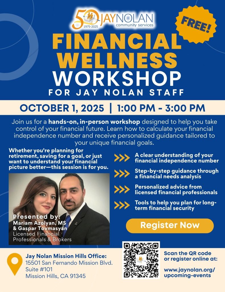 English flyer for a Financial wellness workshop for Jay Nolan staff on October 1st, 2025. 