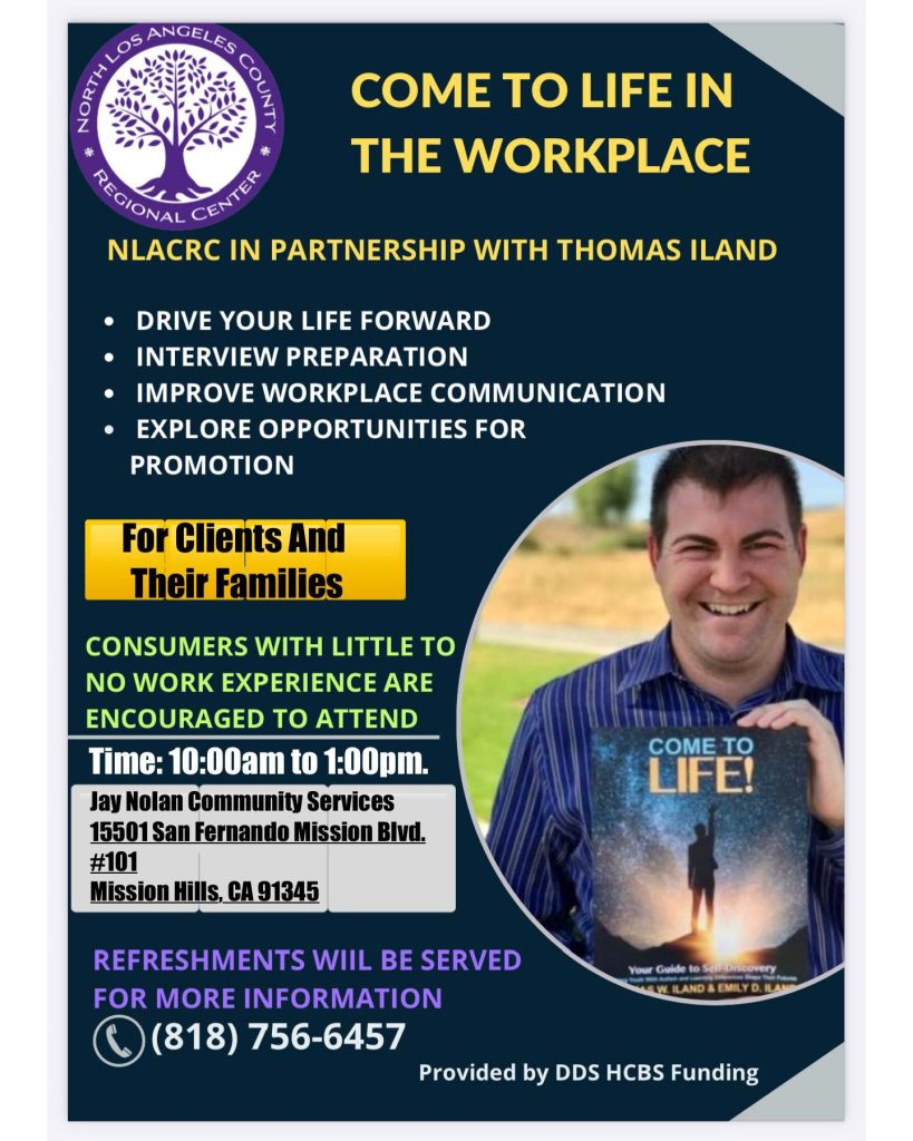 Flyer for Thomas Iland's Come to Life Training in September 2025 hosted at Jay Nolan Community Services.