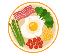 A plate of breakfast including and egg, bacon, asparagus, tomatoes, and other vegetables. 