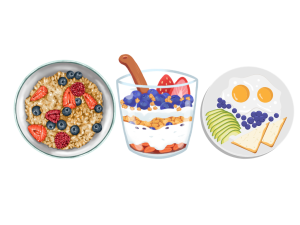 Three breakfast dishes including oatmeal, a parfait, and eggs with toast and avocado.