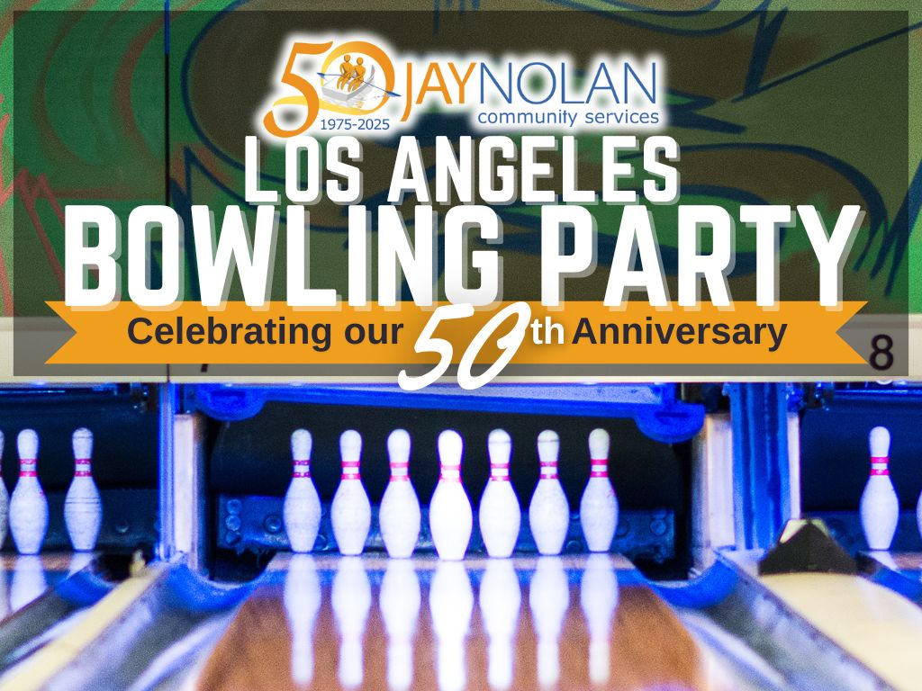 Pins set up for bowling at a bowling alley. Text reads: Los Angeles Bowling Party: Celebrating Our 50th Anniversary"