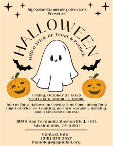 Flyer for the 2025 Jay Nolan Halloween Potluck and Trick or Treating Party