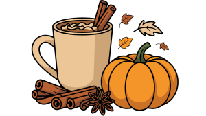 Clip art of a pumpkin spice latte with cinnamon in and around it, with a pumpkin and leaves next to the mug